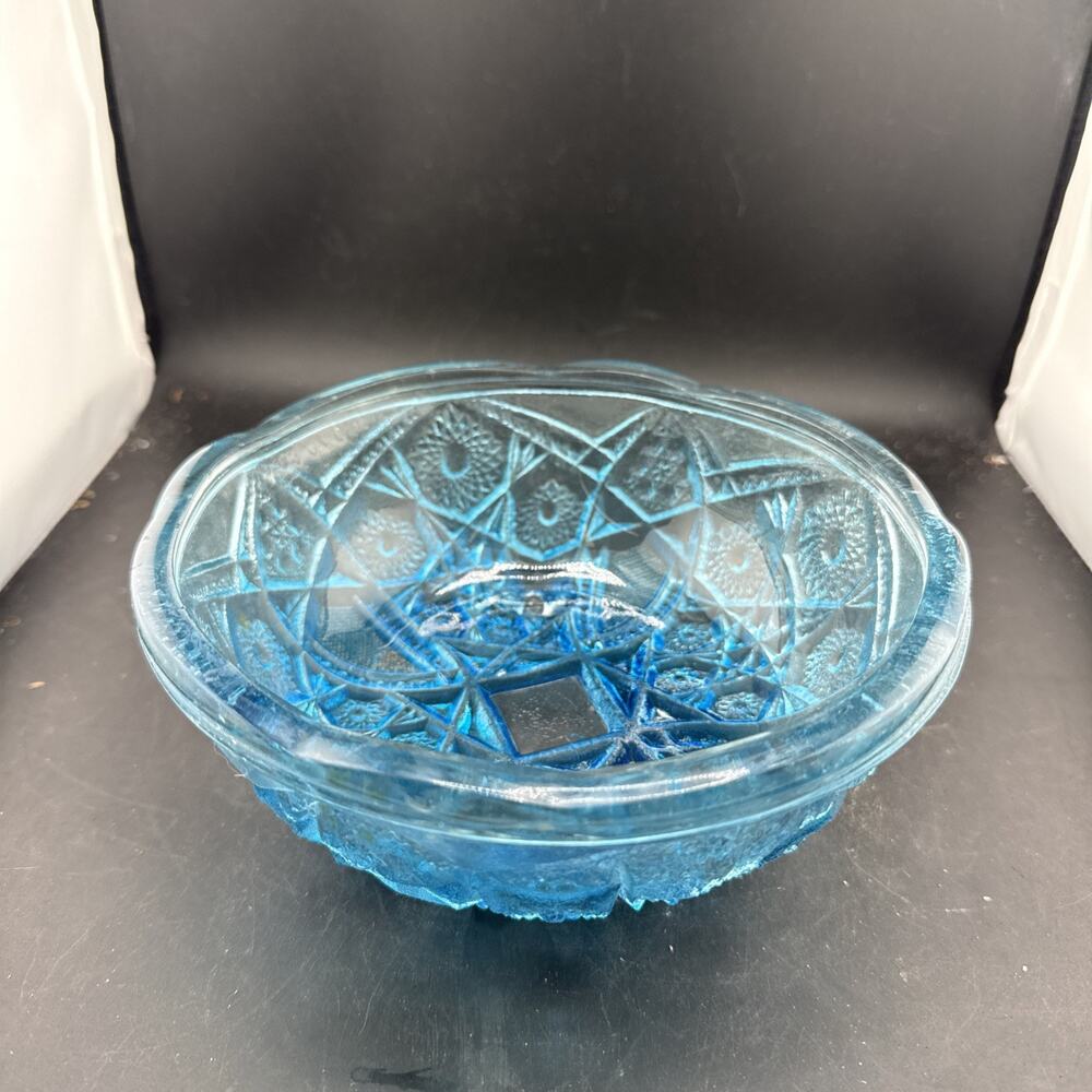 McKee Style Fentec Aqua Blue Pressed Glass Footed Bowl 6”